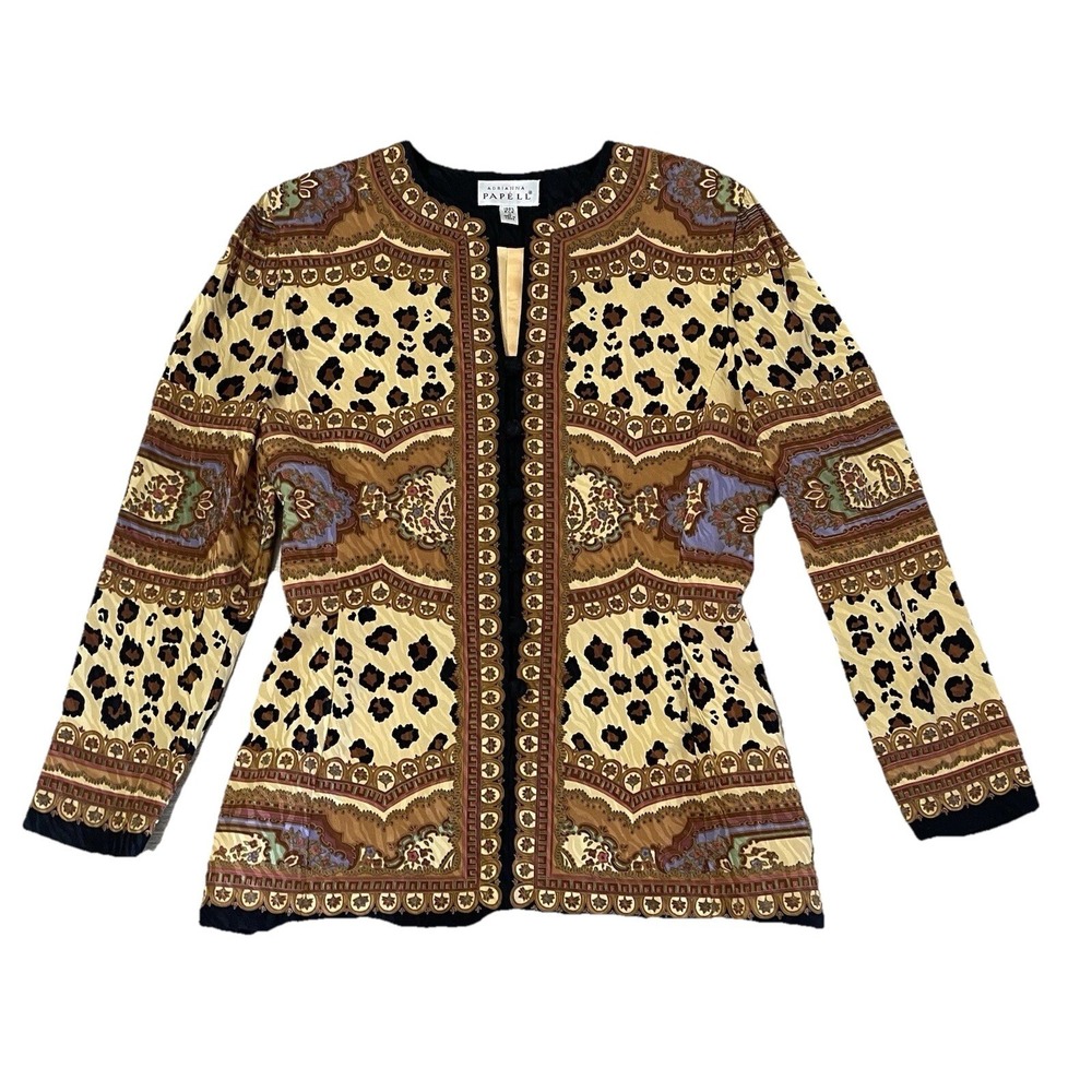 Vintage Adrianna Papell 100% Silk Safari Jacket Size 4 Animal‎ Print Leopard